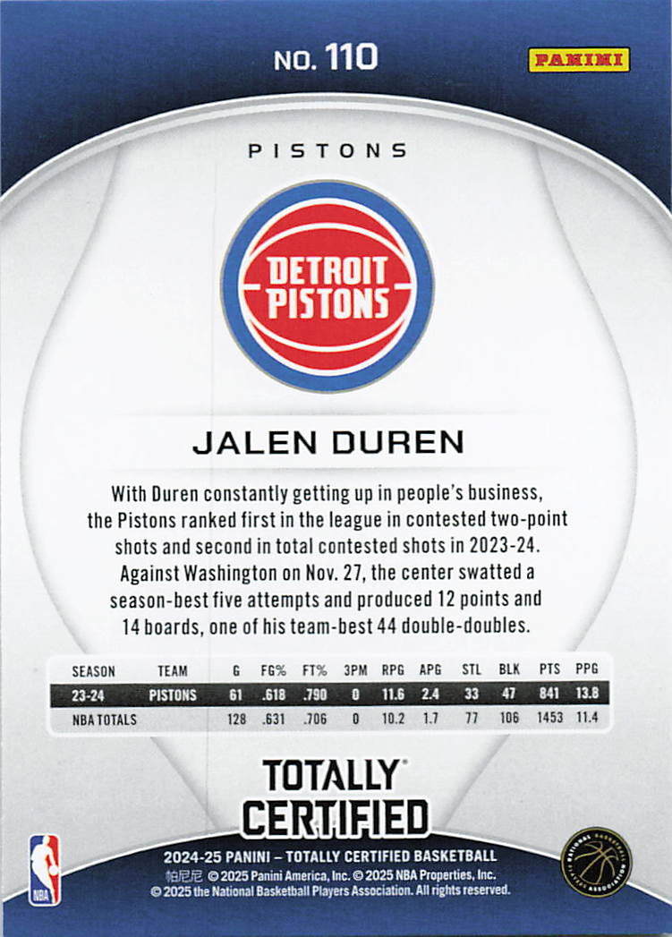 2024-25 Panini Totally Certified #110 Jalen Duren