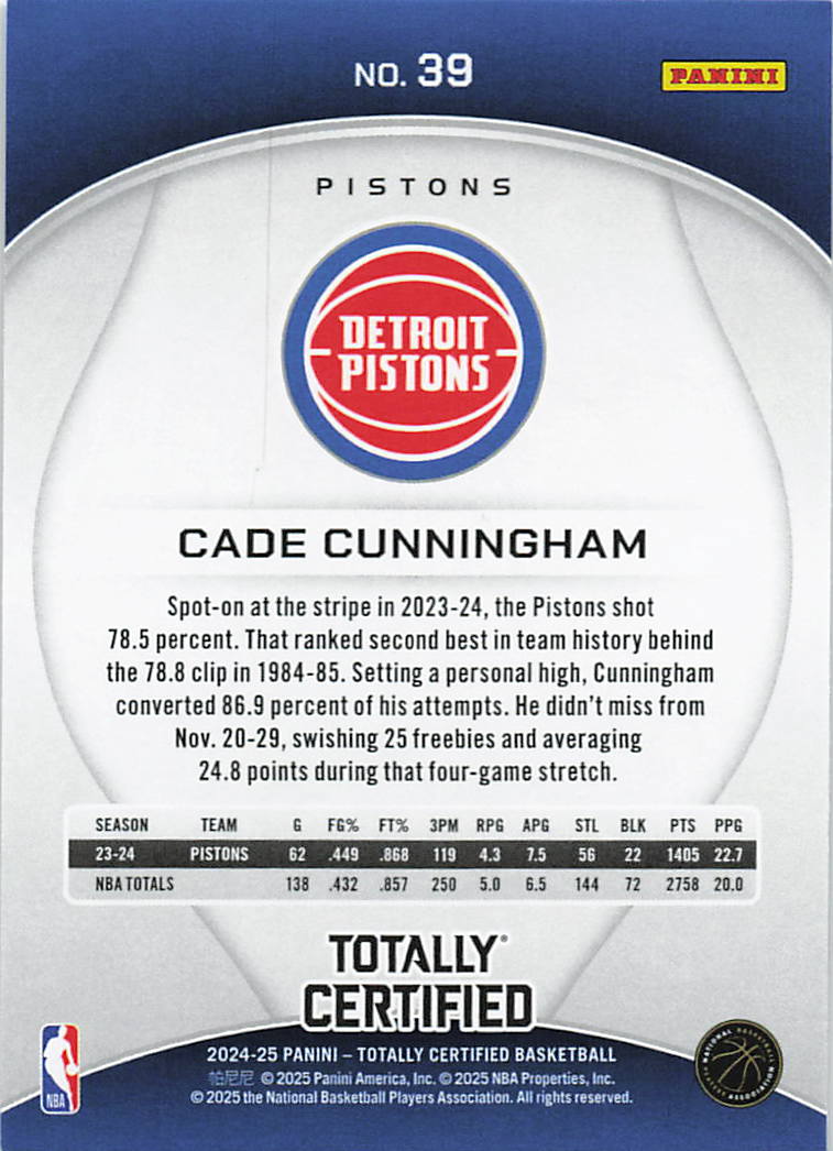 2024-25 Panini Totally Certified #39 Cade Cunningham