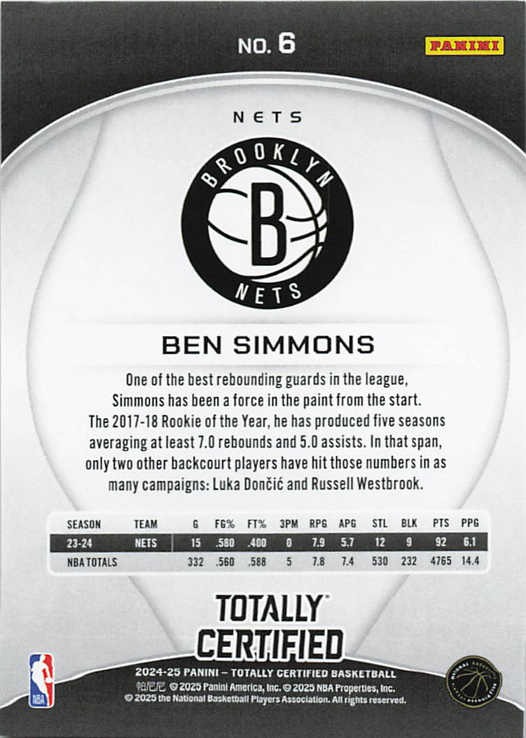 2024-25 Panini Totally Certified #6 Ben Simmons