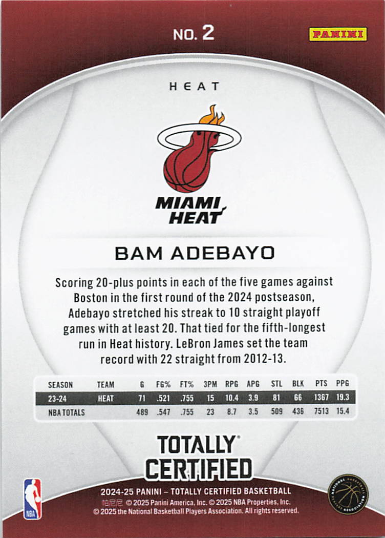 2024-25 Panini Totally Certified #2 Bam Adebayo